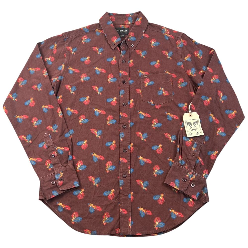 NWT OBEY Propaganda Edger Burgundy Feather Button Up Shirt Size S
